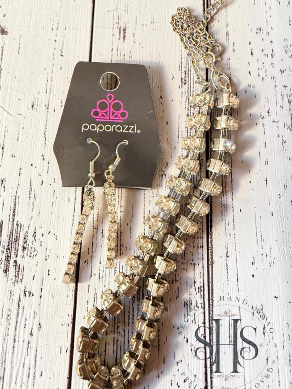 paparazzi Champagne Crystal Multi-Strand Necklace with Drop Earrings